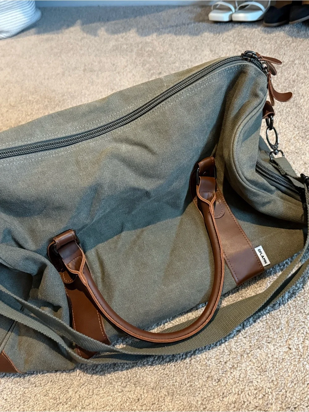 Canvas Weekender Duffel Bag in Olive with Brown Trim